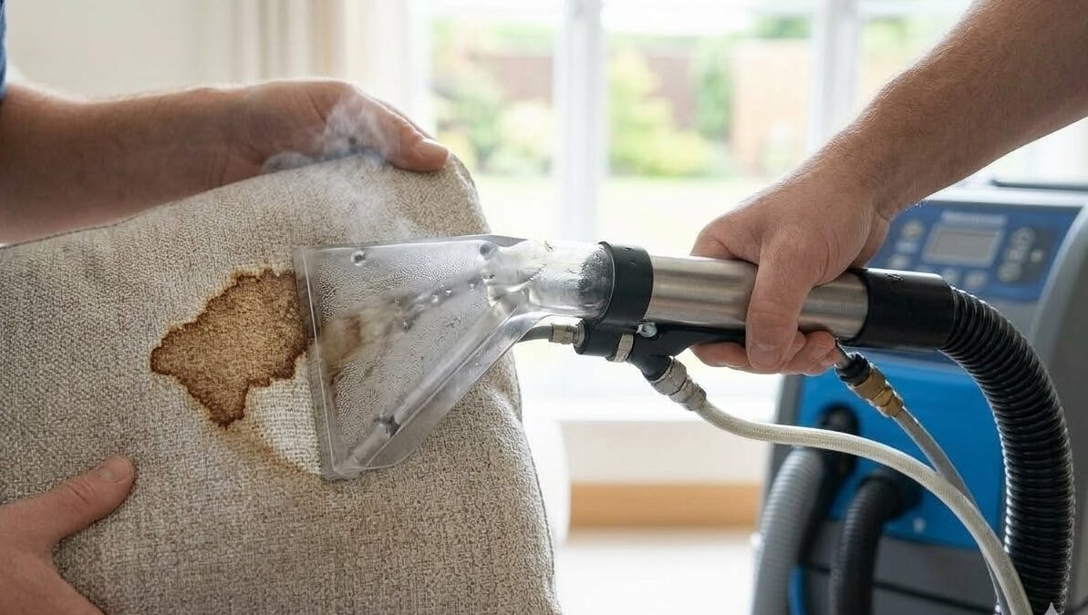 Hot water extraction on sofa fabric